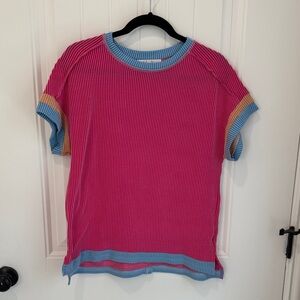 Women's Fuchsia Ribbed Short Sleeve Top with Blue Trim